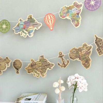 【YF】 9pcs ancient world map paper banner Pennants balloon around the String for decoration