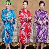 จัดหาโดยตรงเลียนแบบผ้าไหมนกยูง nightgown เสื้อคลุมอาบน้ำยาวพิมพ์ฤดูร้อนเซ็กซี่หลวมขนาดใหญ่เน็คไทกิโมโนญี่ปุ่น