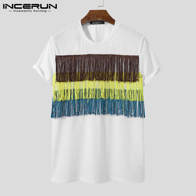 INCERUN เสื้อเชิ๊ตแขนสั้นมีพู่สำหรับผู้ชาย,เสื้อยืดแขนสั้นมีสีสันเสื้อผ้าลำลองสำหรับใส่ในวันหยุดฮิปปี้ #2