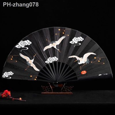 10-Inch National Fashion Crane Illustration Folding Fan Chinese Style Han Costume Accessories Black Raw Silk Fan