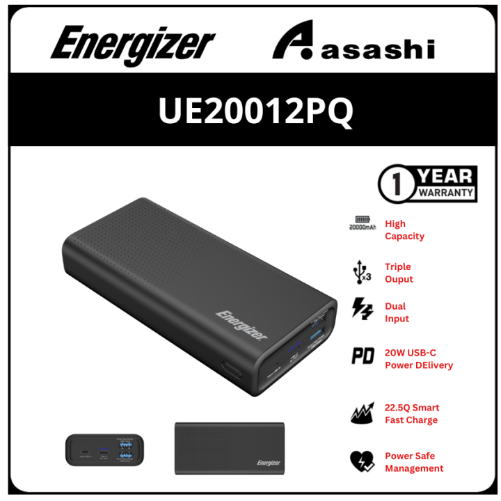 Energizer UE20012PQ 20000mAh USB-C Power Delivery 20W, Smart USB-A 22 ...