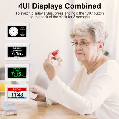 Digital Calendar Alarm Day Clock, 3 Medication Reminder and Large Screen Display, am pm, 5 Alarm, Ideal for Extra Large Impaired Vision People, Aged Seniors, Bed, Desk (White)
