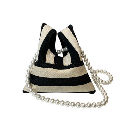 Mini Pouch Underarm Bag Versatile Handbag Crossbody Bag Striped Tote Striped Canvas Bag Pearl Handbag