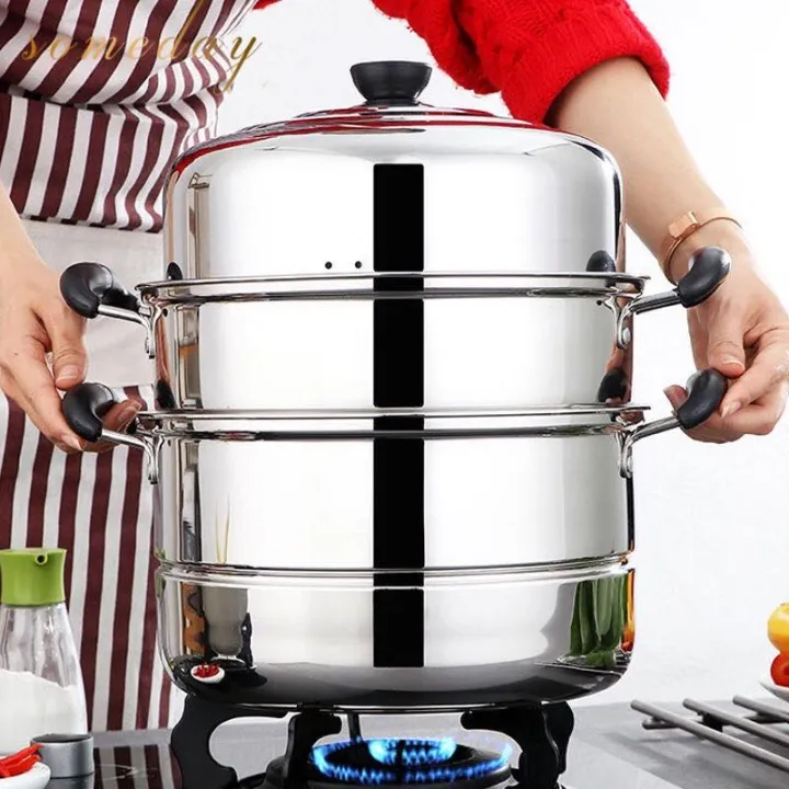 3pcs/set, Steamer Stainless Steel Household Multi-layer Steamer Large  Steaming Cage Steaming Cooking Soup Pot Integrated Gas Electromagnetic  Stove Use