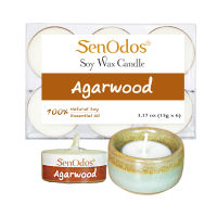 SenOdos เทียนหอมอโรม่า เทียนทีไลท์ Tealight Set Agarwood Soy Candles - กลิ่นไม้หอมกฤษณาแท้ 15 g. (6 ชิ้น) + เชิงเทียน ที่วางเทียนทีไลท์ ศิลาดล (เซลาดล) สีเขียวหยกขอบทอง