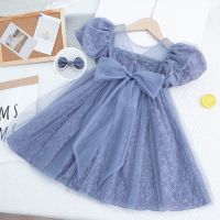 2022 New Kids Summer Dresses for Girls Puff Sleeve Pearls Elegant Princess Party Gown Lace Flower Girls Wedding Evening Dress