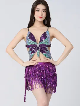 Womens Sparkly Sequin Crop Top Bra Belly Dance Vest Tank Butterfly Rave  Camisole