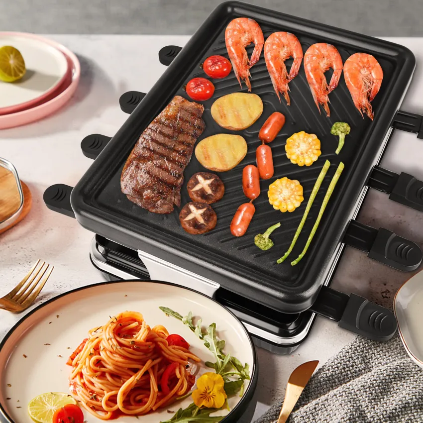 Indoor Grill COKLAI Raclette Grill Table Electric Grill Reversible  Non-stick Plate Korean BBQ Grill Wooden Base Cheese Raclette with 8 Trays  and Wooden Spatulas Adjustable Temperature Dishwasher Safe 