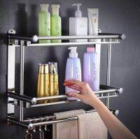 [DaDa Household Items] Wall Mounted Stainless Steel Bathroom Shelf Rack, 2 Tier Shelves &amp; 2 Towel Bars with Hooks