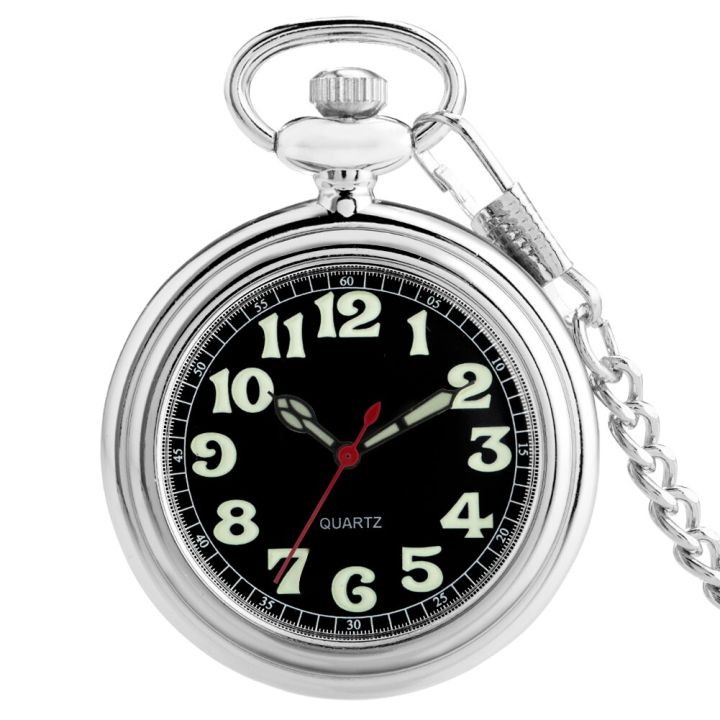 ของขวัญนาฬิกาควอตซ์ตัวเลขอารบิกเรืองแสงเรืองแสงกลางคืนหรูหรานาฬิกาพกควอตซ์เรืองแสง-ดำ-เครื่องประดับโซ่เงิน