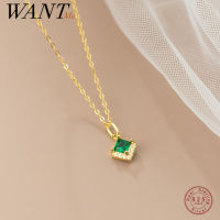 WANTME 925 Sterling Silver Luxury Diamond Pave Green Zircon Pendant Charm Chain Necklace for Women European Wedding Jewelry Gift