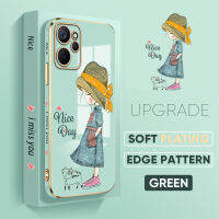 เคส PMP สำหรับ Realme 10T 5G เคสเคสโทรศัพท์ Realme 10T 5G 【ฟรีแลน】เคสสาวน่ารักลายการ์ตูนลายขอบสี่เหลี่ยมชุบเคสโทรศัพท์เคสโทรศัพท์นิ่มสุดหรู