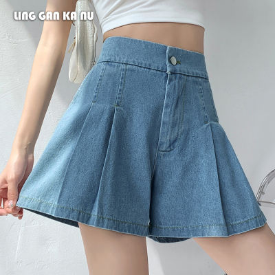 *LING GAN KA NU กางเกงขาสั้นผ้ายีนส์ผู้หญิง  ฤดูร้อนใหม่เกาหลีรุ่น plus ขนาดเสื้อผ้าผู้หญิง 5XL200 jins เอวสูงแสดงบางขากว้างหลวมกางเกงร้อน