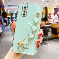 เคสสำหรับ Vivo V15 /Vivo V15 Pro,เคสซิลิโคนกันกระแทกพร้อมห่วงโซ่สร้อยข้อมือรูปหัวใจกรอบสี่เหลี่ยมจัตุรัสเคลือบ6D แวววาว Casing Ponsel เคสมือถือเด็กผู้หญิง