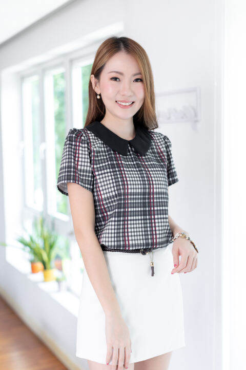 narinari-mt1301-point-collar-checked-blouse-เสื้อทำงาน