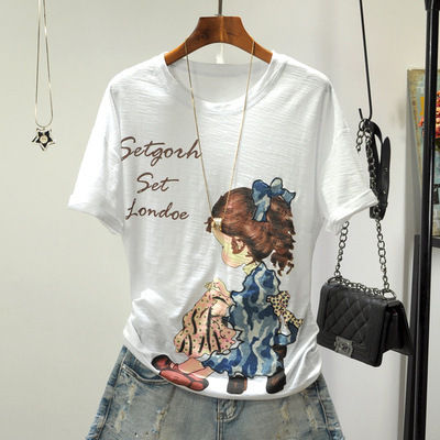 Spot [quality slub cotton] short-sleeved printed T-shirt womens loose Korean-style summer top 2023