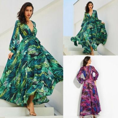 2019 Women Long Sleeve V Neck Floral Printed Boho Vintage Maxi Dress Holiday Beach Dress Spring Autumn Long Dress