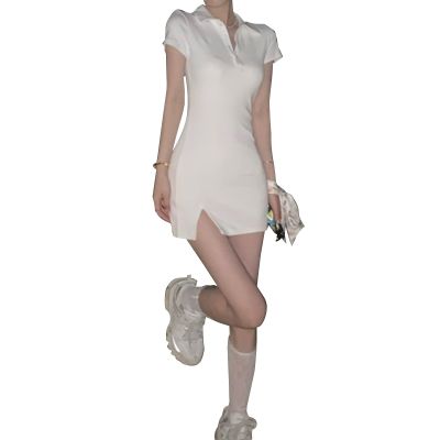 หวานสีขาวสีชมพูชุดผู้หญิงชุดโปโลบางชุดสั้นสไตล์วันหยุดชุดแขนสั้นชุดลำลองสำหรับวันหยุด