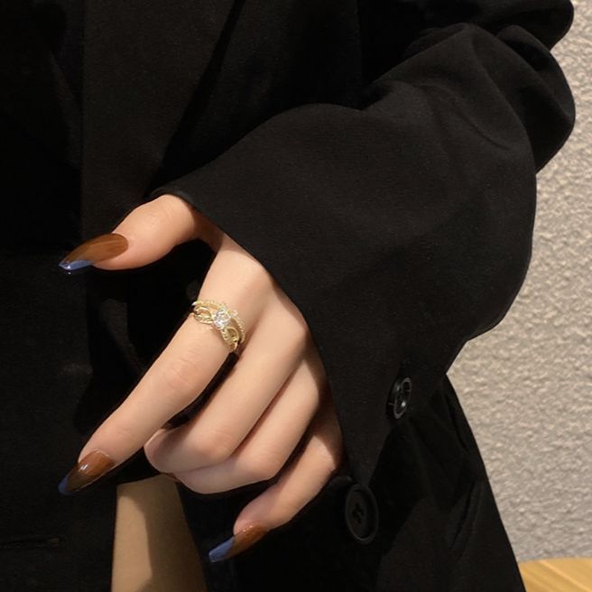 jiayinfangแหวนแฟชั่นสไตล์เกาหลีเครื่องประดับผู้หญิงปรับขนาดแหวนได้เพชรเม็ดเล็ก