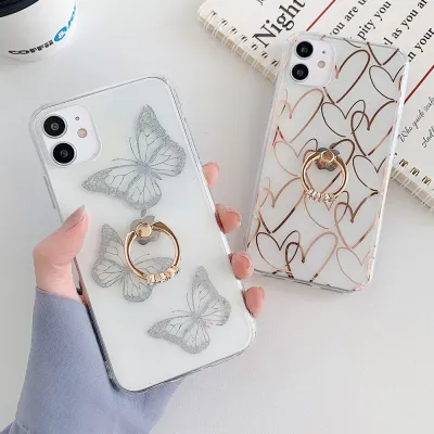 LACK Diamond Ring Stand Plating Love Heart Clear Phone Case For iphone 11 13 Pro Max X XR XS 7 8Plus 12 Cute Butterfly Cover