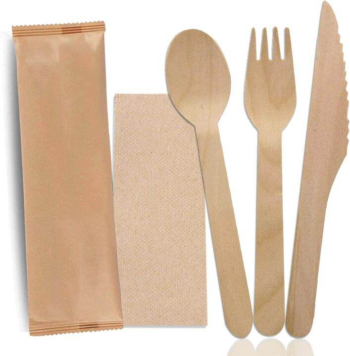 10pcs Disposable Wooden Cutlery Set Individually Wrapped, Camping