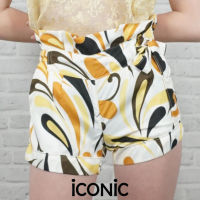 iCONiC YELLOW LOOKNUM SHORTS#2840 กางเกงขาสั้น พิมพ์ลาย ขาว เหลือง ยาว30ซม. รูดเอวได้ ผ้าไหมซาติน แต่งกระเป๋า และโบว์ผูกเอว กางเกงผู้หญิง กางเกงชายทะเล