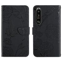 สำหรับ Sony Xperia 1 III ผิวสัมผัสดอกโบตั๋นผีเสื้อหนังพิมพ์ลายเคสโทรศัพท์