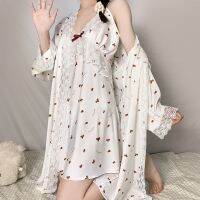 --SY23726✟☃﹍ Spg and summer th cute strawberry rl heart sweet ghtdress spenders two-piece home ice silk s robe whole