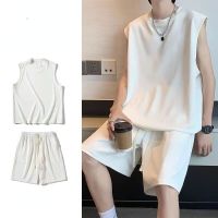 Summer Casual suit Men sleeveless shoulder undershirt thin tank top shorts trendy tops solid color sports two-piece loose pants