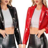 European And American PU Leather Short Tops Waistless Jacket Red Four-Sided Elastic Mirror Slim Long-Sleeved Performance Costumes Stage Costumes