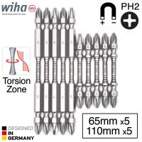 Wiha ดอกไขควงแฉก PH2 Torsion Zone สองปลาย, ยาว110มม 5ชิ้น, ยาว65มม 5ชิ้น รวม10ชิ้น Double End Screwdriver Bits รุ่น 7441 2Hx65 5ชิ้น + 2Hx110 5ชิ้น