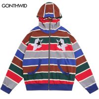 Retro Rainbow Striped Zip Hoodie Y2K Coat Hip Hop Embroidery Star Zipper Hooded Sweatshirt Jacket 2023 Harajuku Pathwork Hoodies