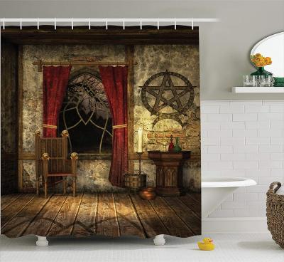 Gothic Shower Curtain Pentagram Symbol in Candlelight Red Curtains in Mystical Medieval Chamber Spiritual Bathroom Decor