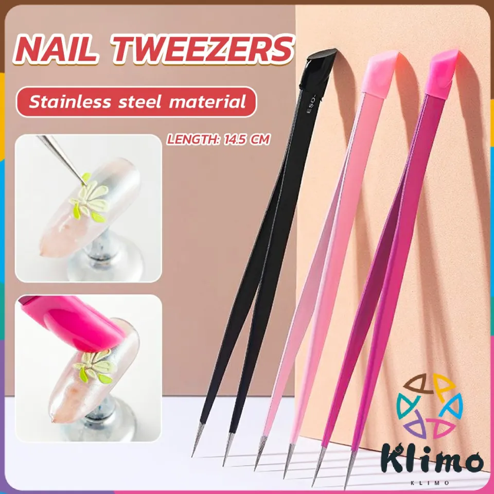 Double Ended Nail Art Tweezers With Silicone Pressing Head, 1pc