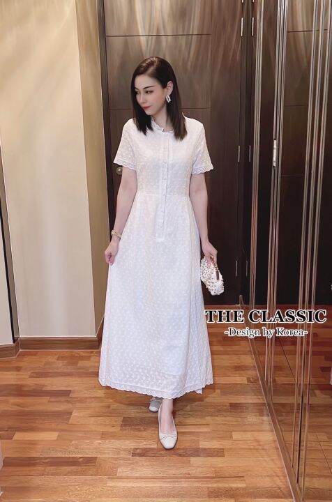 เดรสยาวกระดุมหน้า-s-2xl-ชุดใส่ทำบุญ-ลูกไม้สีขาว-ชุดขาว-เดรสขาว-ชุดไปวัด-ลูกไม้-ฉลุ-งานป้าย-the-classic
