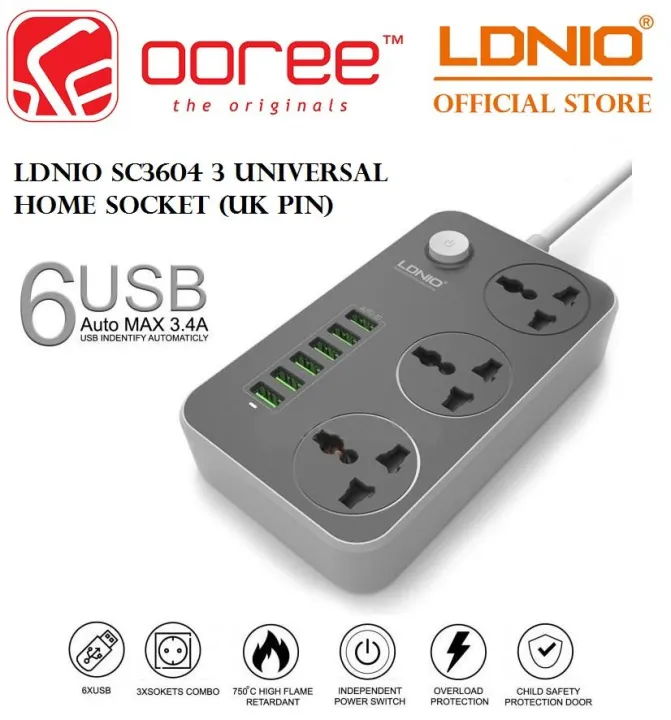 [ORIGINAL] GENUINE LDNIO 3604 SC3604 HOME/OFFICE UK PIN MALAYSIA PLUG EXTENSION SOCKET, 3 UNIVERSAL CHARGER PORTS (AUTO-ID 3.4A OUTPUT AUTO MAX, USB X 6) - BLACK, POWER CORD: 2.0 METER