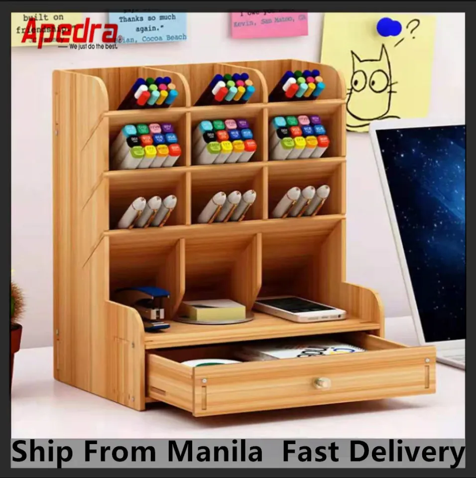 Wooden Desk Organizer, Multi-Functional DIY Pen Holder Box