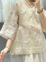 OliviaRetro เสื้อเชิ้ตแขนใหญ่สไตล์ฮันฟุผ้าแจ็คการ์ด,เสื้อเชิ้ตผ้าแจ็คการ์ดคุณภาพสูงแบบใหม่สำหรับเสื้อแบบย้อนยุคฤดูร้อน401D1371