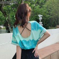 MAOZHUXIA เสื้อยืดผู้หญิงผ้าตาข่ายสีแดง,เสื้อยืดเปลือยหลังสวยเสื้อยืดสำหรับผู้หญิงเสื้อลำลองแขนสั้นหลวมอินเทรนด์การออกแบบเอวสูง