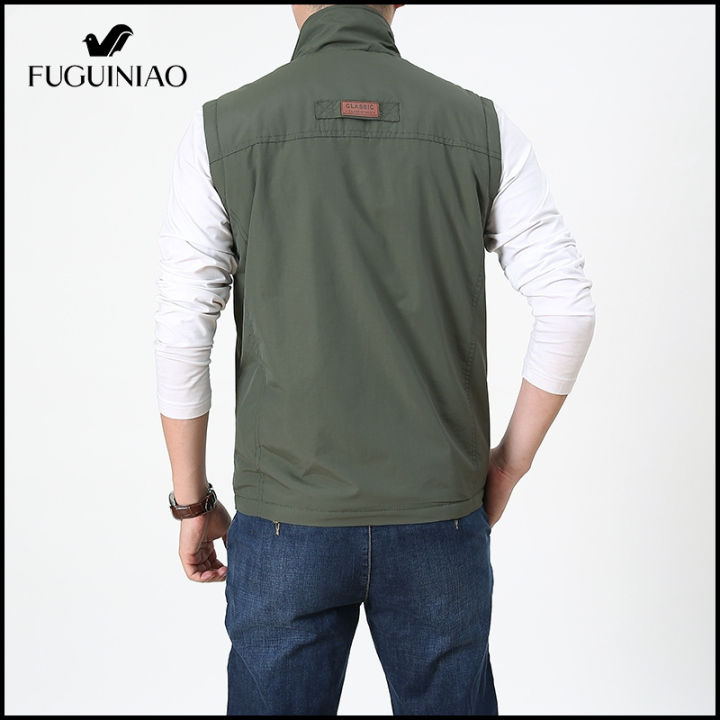 fuguiniao-เสื้อกั๊กผู้ชาย-เสื้อผ้าลำลองกลางแจ้งแขนสั้นเสื้อกั๊กแจ็คเก็ตกลางแจ้งคอตั้ง