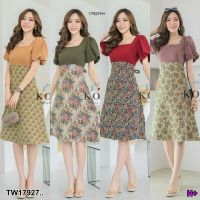 MM17927 เดรสคอเหลี่ยมแขนบอลลูน กระโปรงพิมพ์ลาย Square neck balloon sleeves dress Printed skirt..