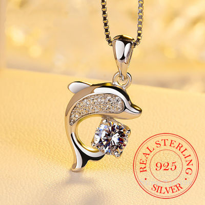 Real 925 Sterling Silver Jewelry Crystal Dolphin Charm Box Chain Pendants&amp;Necklaces Choker Necklace For Women Wedding Party Gift