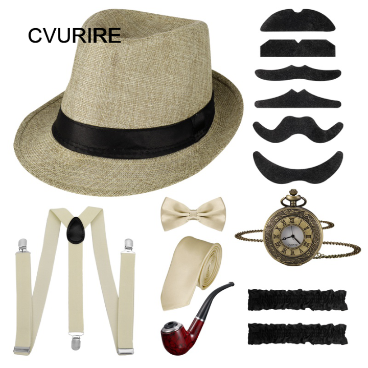 1920s Mens Gatsby Gangster Costume Accessories Set Old Man Costume Grandpa Accessories  Set With Panama Hat Suspender Bow Tie