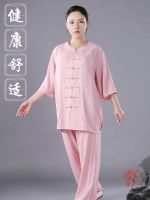 Hongqing Tai Chi เสื้อผ้าออกกำลังกายแขนกลางผ้าลินินผ้าฝ้ายฤดูร้อนสำหรับผู้หญิงเสื้อผ้าออกกำลังกายเสื้อแขนสั้นมีปกต่ำระบายอากาศได้ดีเสื้อผ้าศิลปะผู้ชาย