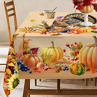 Thanksgiving Autumn Harvest Pumpkins and Turkey Decorations Wedding Holiday Table Cover Party Dinner Decor Waterproof TableCloth