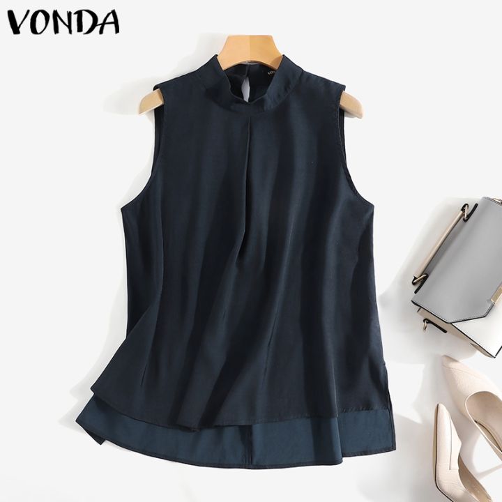 Vonda Women Sleeveless Crew Neck Blouse T Shirts Summer Casual Pleated