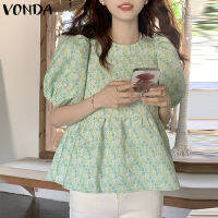 (จัดส่งฟรี)Fancystyle VONDA เสื้อเสื้อเป็นชั้นๆแขนพัฟพิมพ์ลายดอกไม้เสื้อสวมหัวทรงเอไลน์สำหรับเดินทางแฟชั่นของผู้หญิง