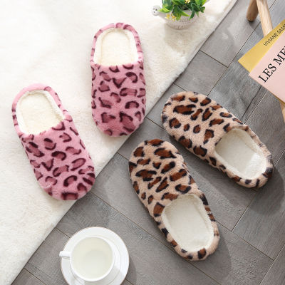 [WAKUWAKU] Round Head Faux Fur Womens Leopard Print Plush Mute Household Indoor Soft-Soled Slippers