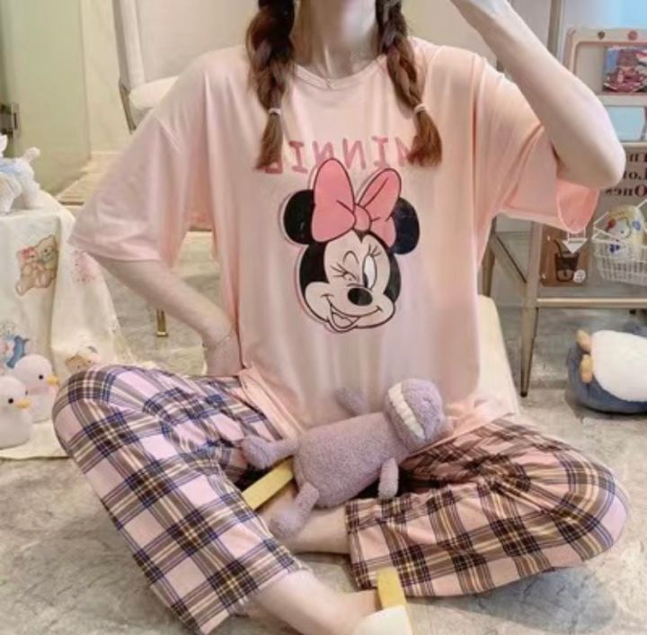 พร้อมส่ง-ชุดนอนเสื้อยิดคอกลม-กางเกง