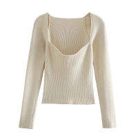 2021 New Solid Square Collar Cropped Knitted Blouse Bodycon Pullover Shirt Long Sleeve ZA Heart Shaped Female Sweater Short Top